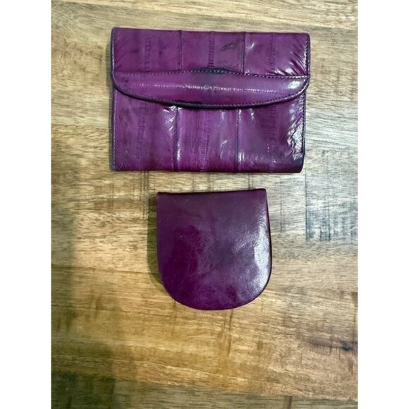 Genuine Eel Skin Leather Wallet Snap Flap Kisslock Fuchsia Pink Purple Coin Set - Picture 1 of 9